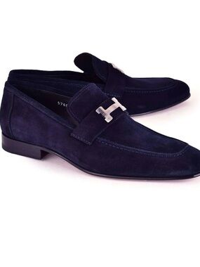 Men's corrente Italian deep black Suede Loafers with Silver “H”Accent size 44